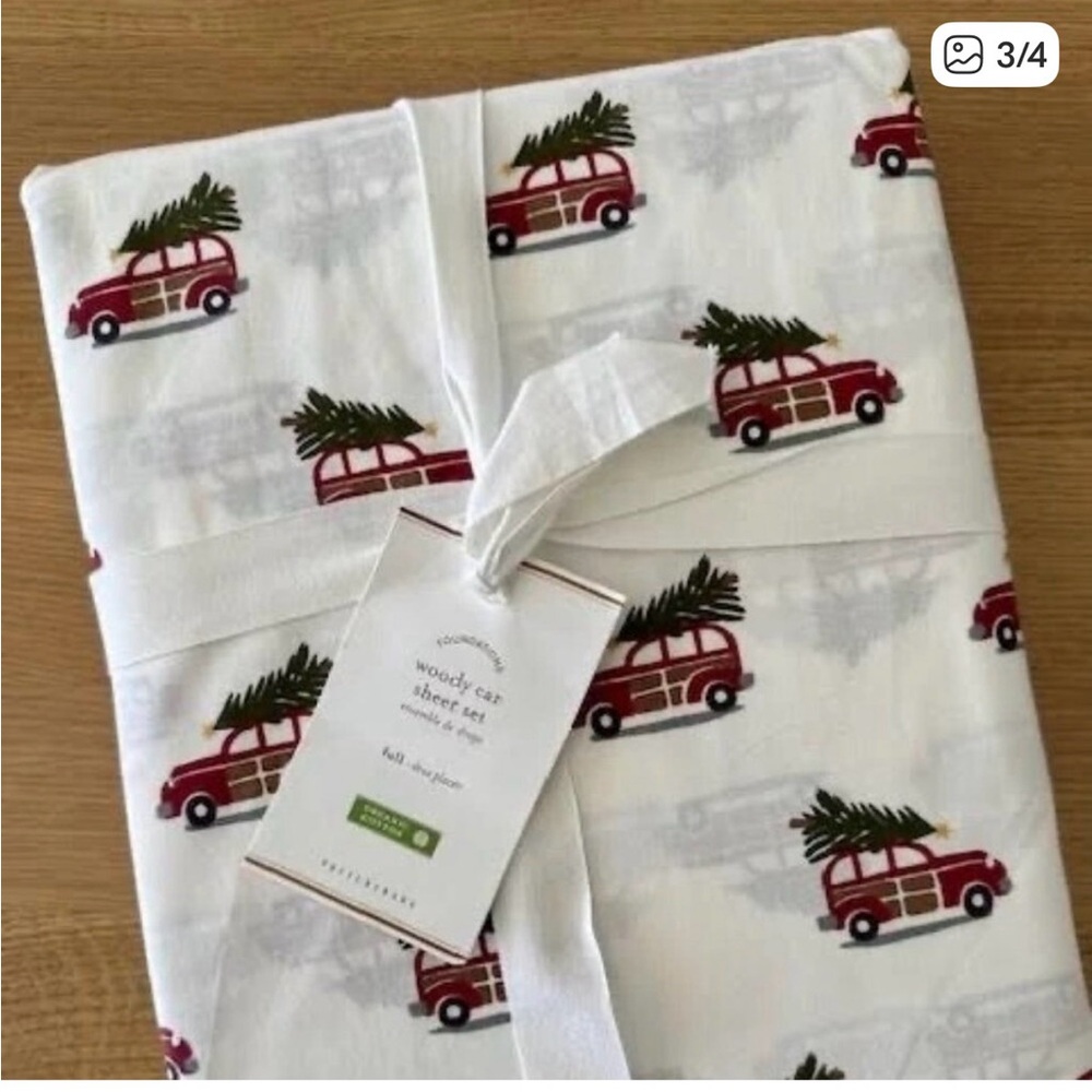 Pottery Barn Organic Percale Christmas Woody Car King Sized Sheet Set - Used